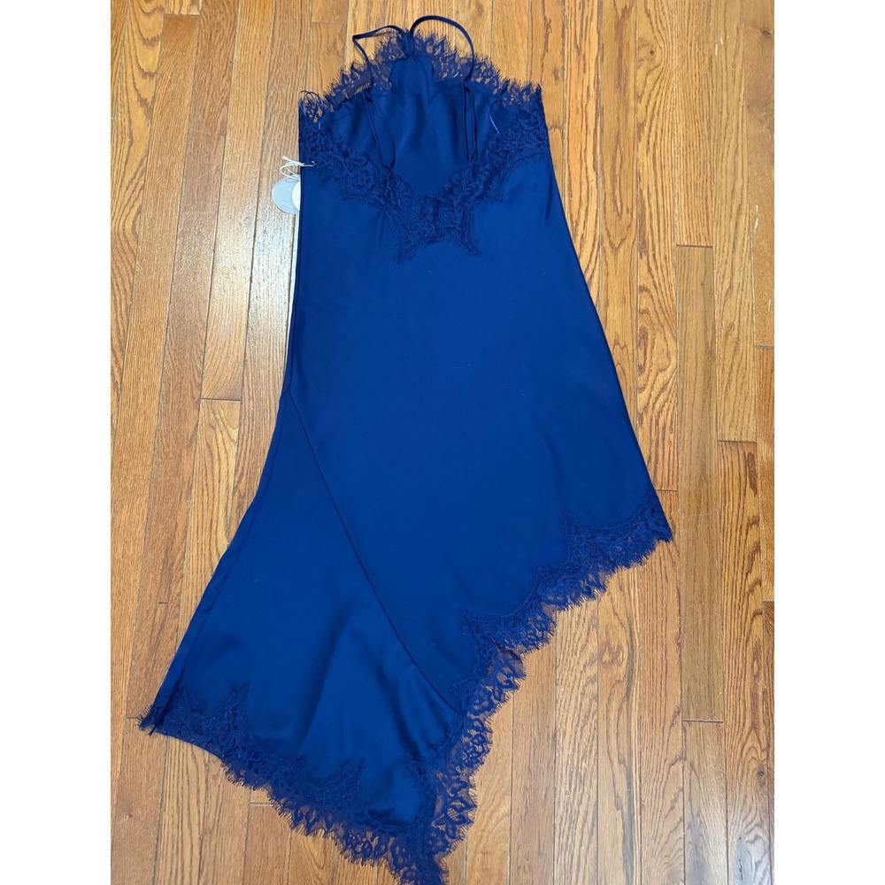 Camila Coelho Royal Blue Lace Trim Asymmetrical Midi Dress Halter Neck NWT - Picture 3 of 5